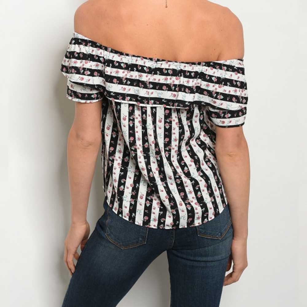 Off the Shoulder Ruffled Floral Stripe Top - Picture 2 of 4